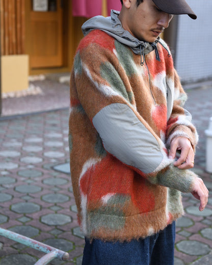 and wander "mix color shaggy knit hoodie(BROWN MIX)"