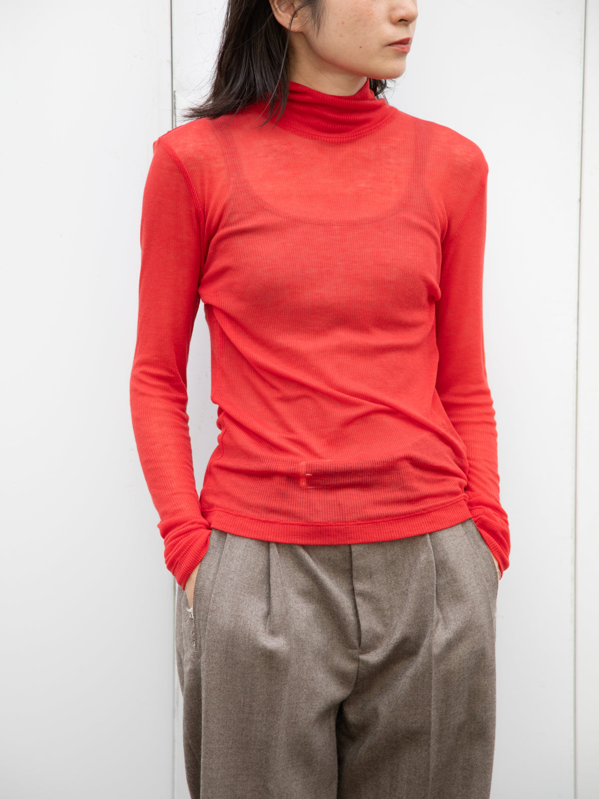 Ernie Palo アーニーパロ Sheer Rib Turtle Neck L/S T-shirt RED EP12FCT02 リブTシャツ リブニット 赤 レッド シアー タートル テンセル カシミア シルク 26AW 愛知県 名古屋 丸の内 セレクトショップ THIRD PLACE サードプレイス