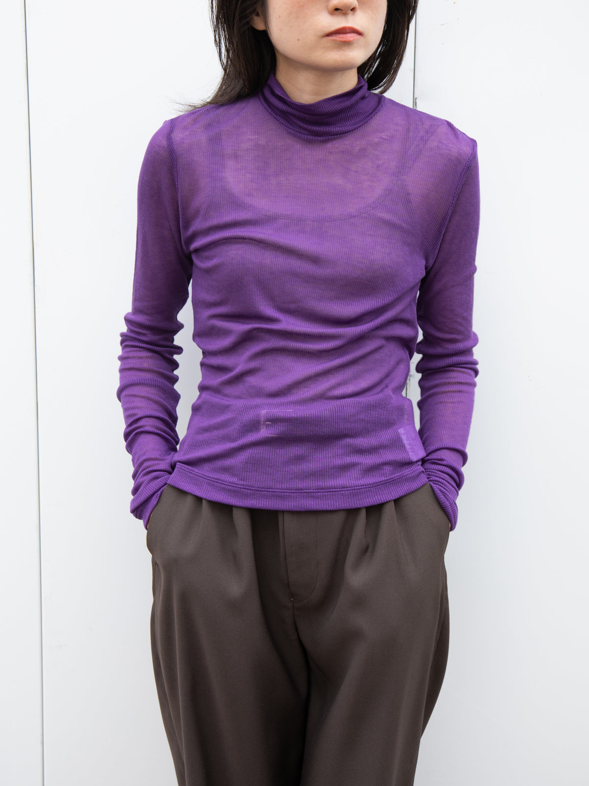 Ernie Palo アーニーパロ Sheer Rib Turtle Neck L/S T-shirt PUPLE EP12FCT02 リブTシャツ リブニット パープル 紫 シアー タートル テンセル カシミア シルク 26AW 愛知県 名古屋 丸の内 セレクトショップ THIRD PLACE サードプレイス