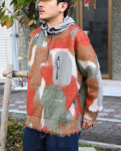 and wander "mix color shaggy knit hoodie(BROWN MIX)"