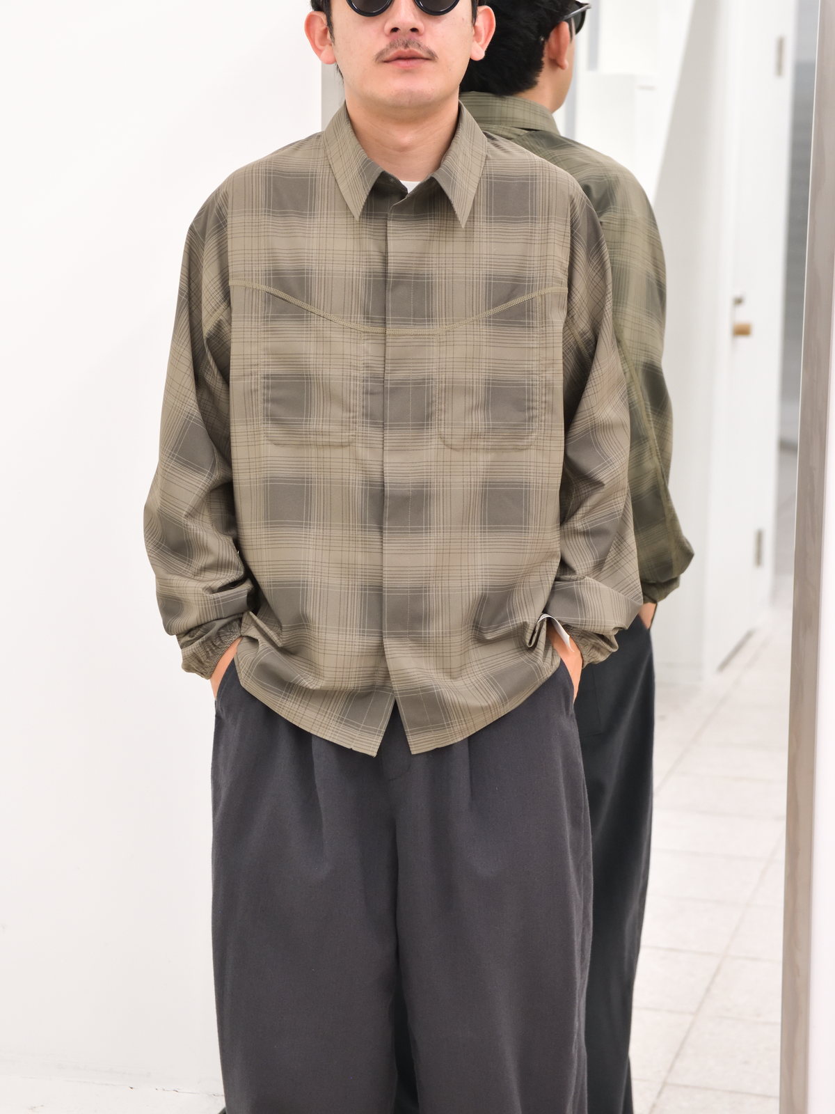 SATISFY サティスファイ Peace Shell River Shirt GREEN CHECK 11143-91F02 ポリエステル シャツ スナップボタン ランニング レギュラーカラー アウトドア 26FW 日本取り扱い 名古屋 丸の内 セレクトショップ THIRD PLACE サードプレイス