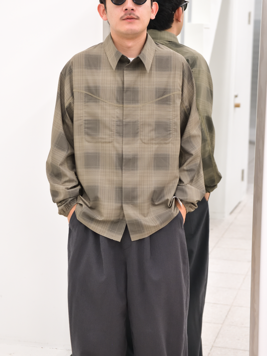 SATISFY サティスファイ Peace Shell River Shirt GREEN CHECK 11143-91F02 ポリエステル シャツ スナップボタン ランニング レギュラーカラー アウトドア 26FW 日本取り扱い 名古屋 丸の内 セレクトショップ THIRD PLACE サードプレイス