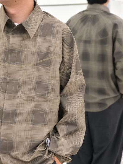 SATISFY サティスファイ Peace Shell River Shirt GREEN CHECK 11143-91F02 ポリエステル シャツ スナップボタン ランニング レギュラーカラー アウトドア 26FW 日本取り扱い 名古屋 丸の内 セレクトショップ THIRD PLACE サードプレイス