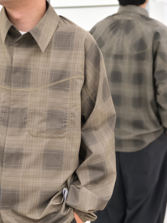 SATISFY サティスファイ Peace Shell River Shirt GREEN CHECK 11143-91F02 ポリエステル シャツ スナップボタン ランニング レギュラーカラー アウトドア 26FW 日本取り扱い 名古屋 丸の内 セレクトショップ THIRD PLACE サードプレイス
